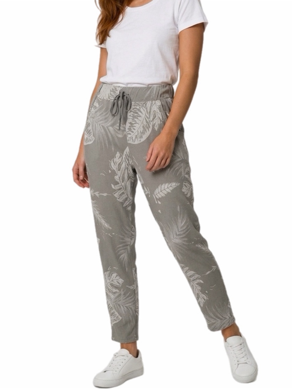 KAKTUS Relaxed Tropical Print Drawstring Joggers Sage/Gray White Size Small
